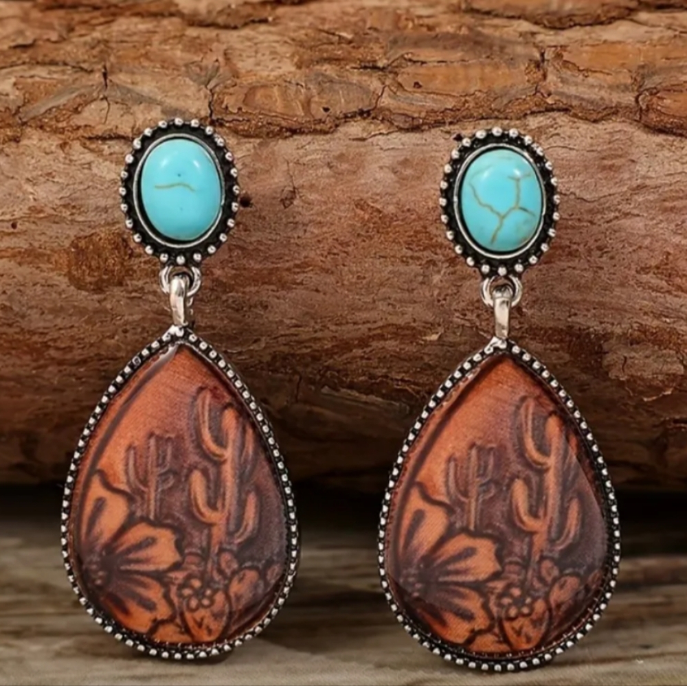 Blue and Brown Two-Tier Earrings with Turquoise and Leather